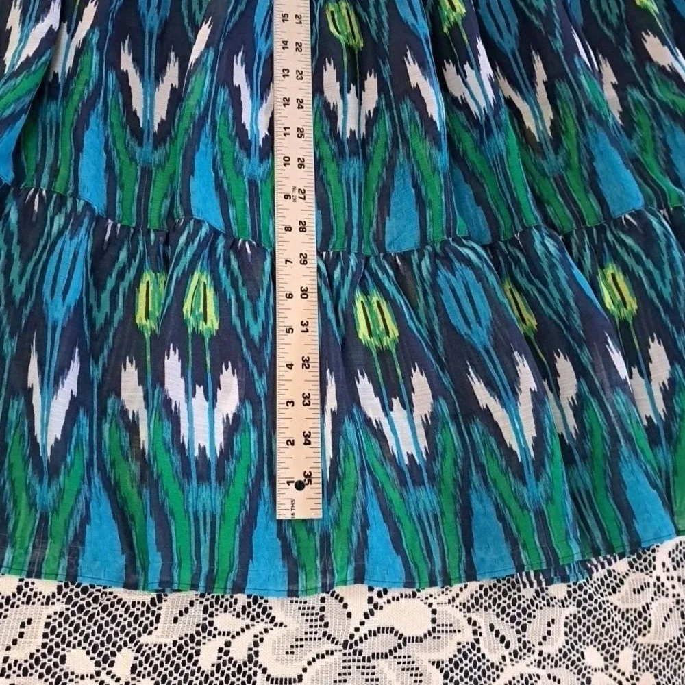 Fashion Bug Maxi Skirt 0X‎ Blue Aztec Elastic Waist Tiered Lined Beachy Boho